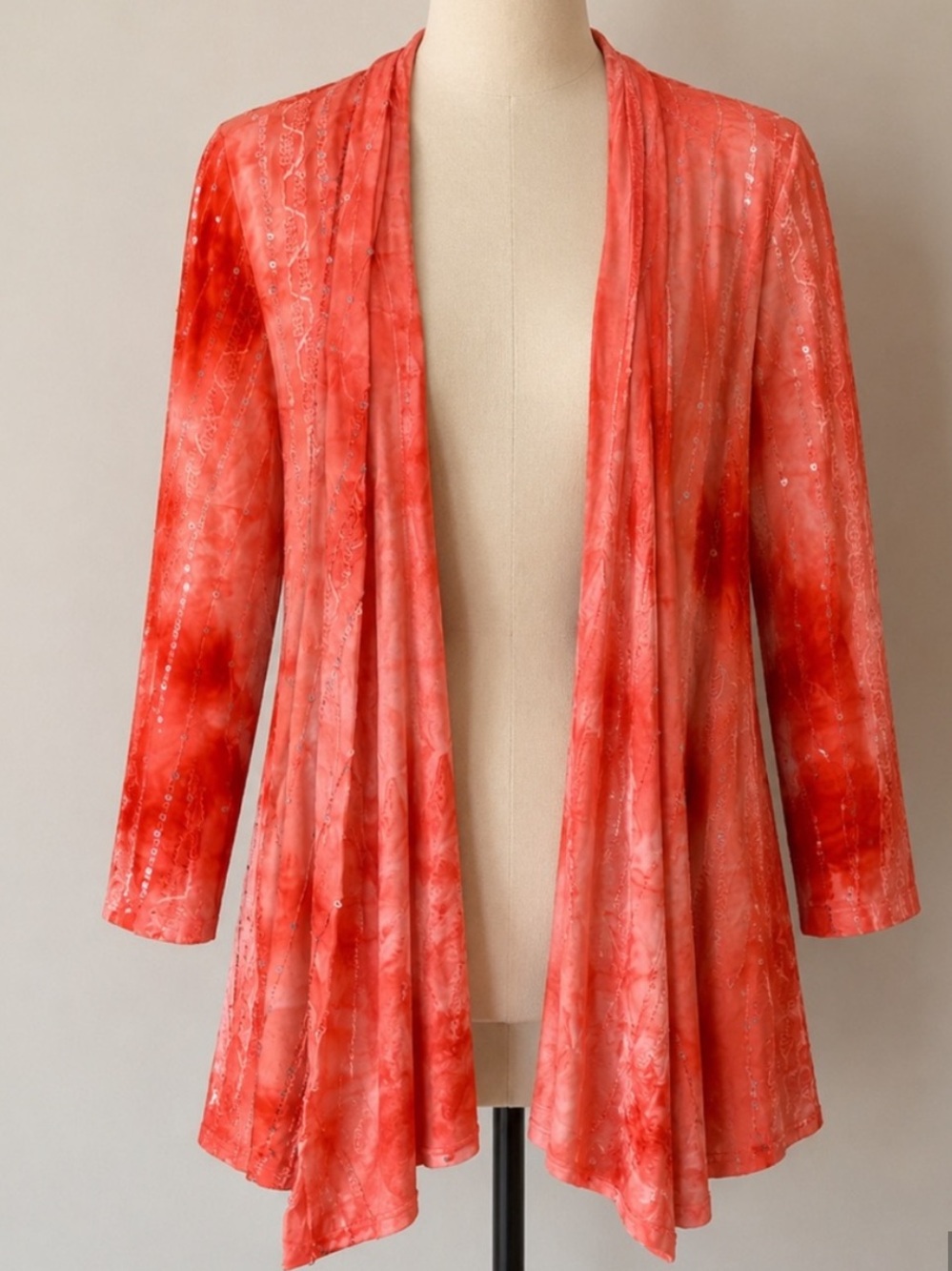 Coral Tie-Dye Sequin Open Front Cardigan Size Large